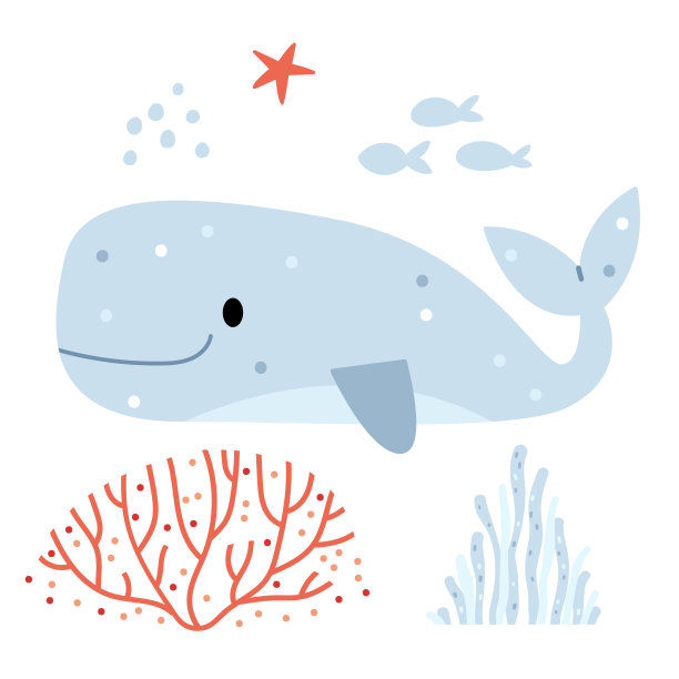 鲸鱼在海洋的珊瑚中间。水下世界。海中的鱼儿儿童读物插图。图片下载