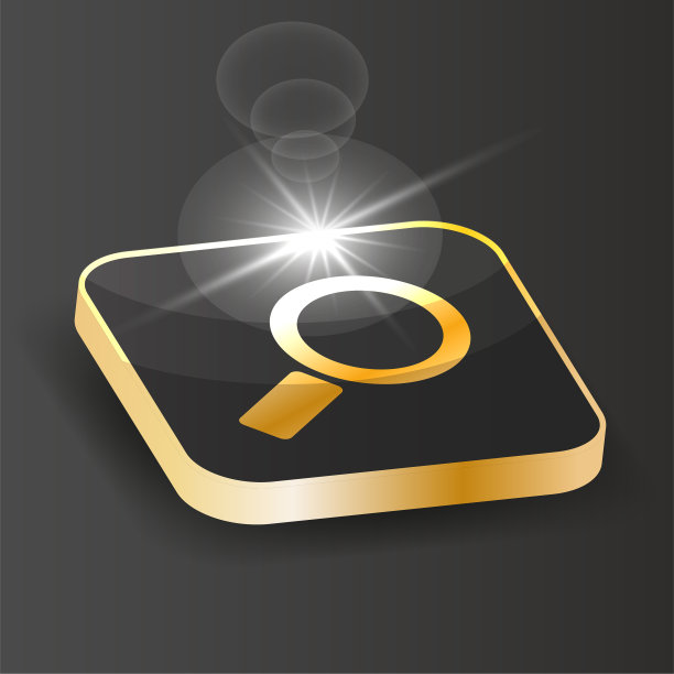黄金等距搜索图标。放大镜符号按钮在黑色背景上。图片下载