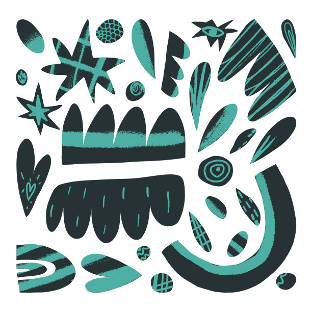 可爱的抽象形状集合，霓虹灯纹理的人物，现代设计元素集合。圆圈，斑点，云，星星，各种纹理的心。矢量手绘孤立的插图。图片下载