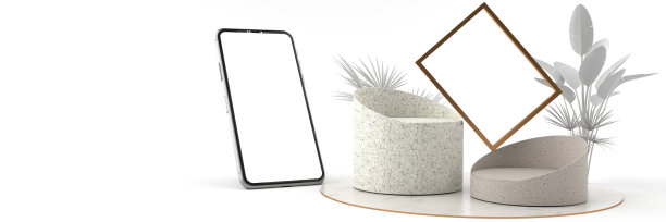 圆形大理石底座上的黄金相框3D渲染，手机模型倾斜到地面。基座可用于商业广告，隔离在最小的白色背景上。图片下载