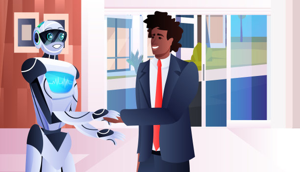 商人和机器人在会议中握手图片下载