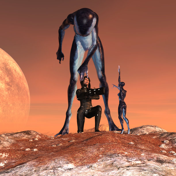 一名未来主义女战士跪在山顶，用武器瞄准一个小外星人，而一个大外星人高耸在她上方，伸手要摸她的脸。图片下载