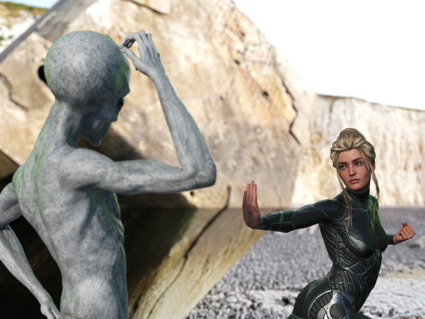 一个女人紧握着拳头，她的手掌对着一个灰色的外星人挠着头，在一个陌生的世界。图片下载