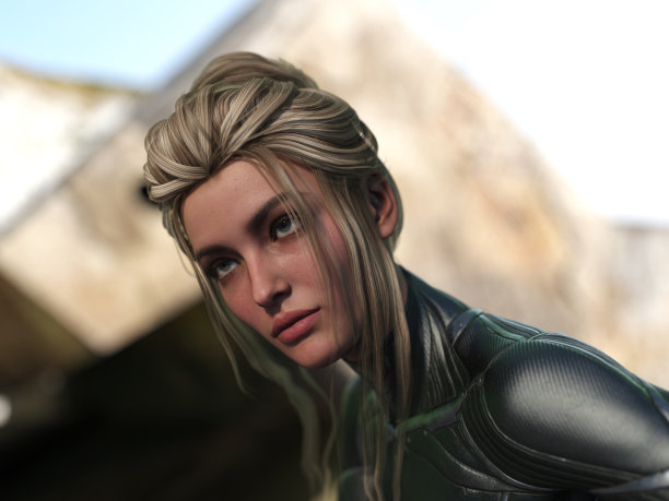 一个美丽的女人用忧虑的眼神抬头看，背景是被切割的巨石。图片下载