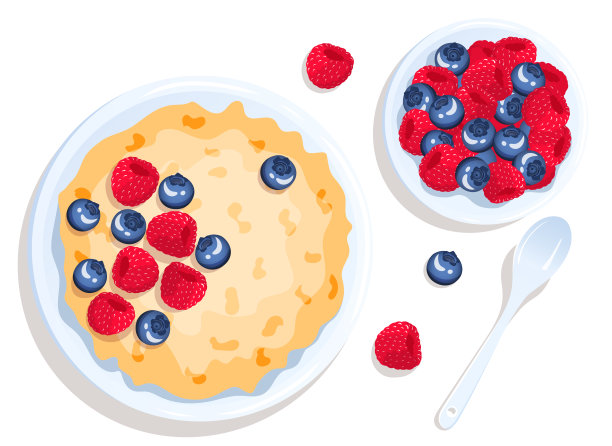 碗里有燕麦粥和浆果，勺子在旁边。树莓和蓝莓。早餐，健康食品，节食理念。图片下载