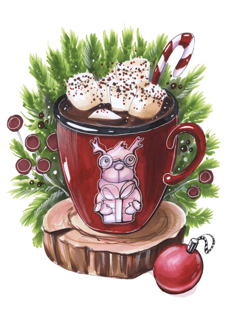 画插图卡通风格的圣诞马克杯鹿可可和棉花糖在杉木树枝和玩具的背景图片下载
