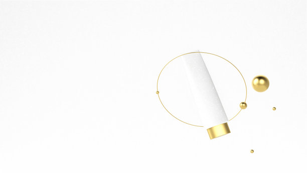 白色化妆管与金色的帽子在白色的背景与黄金几何形状。美丽的化妆几何裙台背景。空白模型，模糊的横幅，3d渲染插图。图片下载