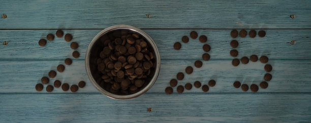 蓝色木桌和宠物碗里的食物而不是零。新年或圣诞节概念极简背景与数字2025从猫或狗粮。宠物店的创意广告。图片下载