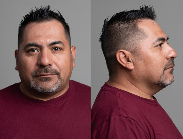 严肃的西班牙裔成熟男子正面和侧面的面部照片图片下载
