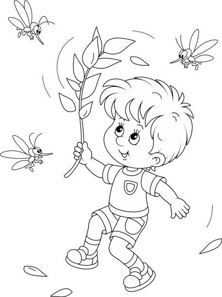 小男孩在驱散愤怒的蚊子图片下载