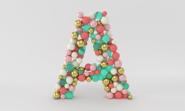 字母A由珠子、玻璃球、彩色珍珠、水晶珠宝和黄金制成。三维抽象图像的字母，数字在粉红色的背景。婚礼概念，奢华，快乐，时尚。图片下载