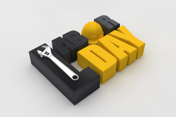 快乐劳动节概念与3D文字和扳手和施工头盔图片下载