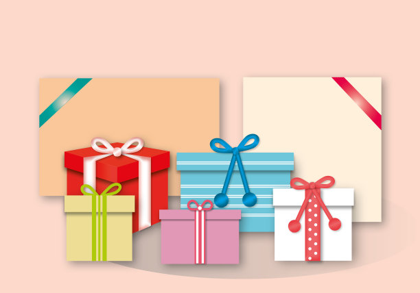多色礼盒软粉红色背景，圣诞或新年祝福设计。图片下载