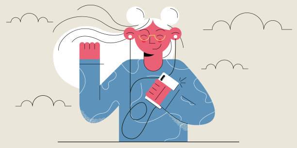 年轻女子闭着眼睛，手里拿着手机，戴着耳机听音乐或有声读物图片下载