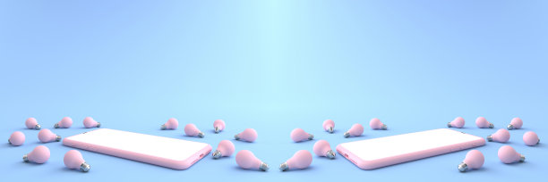 许多粉红色的灯泡放在淡蓝色的地板上。手机上的金钱和商业概念，手机上的创意，蓝色背景上的孤立图片下载