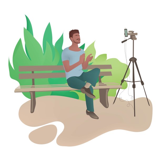 一名男博主在公园的长椅上录制视频。在社交网络上直播。图片下载
