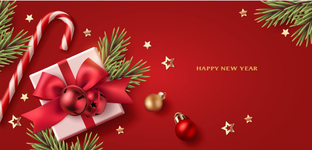 新年和圣诞节的设计模板。冬季红色背景装饰金球，礼盒，红色蝴蝶结，星星。图片下载