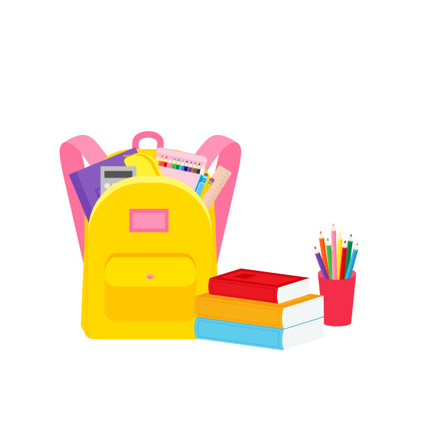 教室学校用品文具，铅笔盒，钢笔，成堆的书，照片写实文学，笔记本，笔记本教科书，书包，调色板和艺术刷子，彩色铅笔。矢量图图片下载