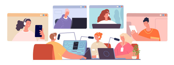 人听的播客。戴着耳机、听着数码音乐或接受采访的年轻人。社交媒体俱乐部群，在线电台网络研讨会，完全矢量场景图片下载