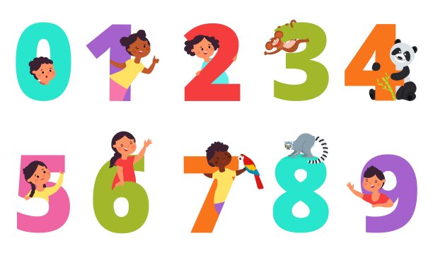 孩子的数字。儿童动物数字，五颜六色的日期设计。幼稚的元素贴纸，销售横幅，生日卡片得体的向量集图片下载