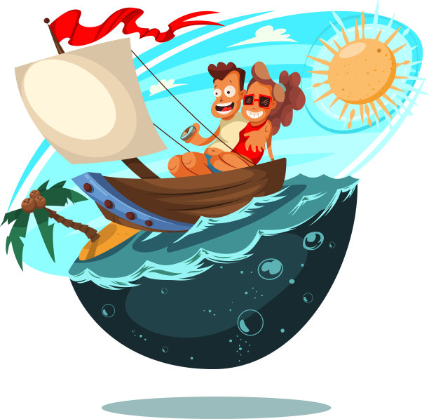 沙滩上的小船，棕榈树和爱情图片下载