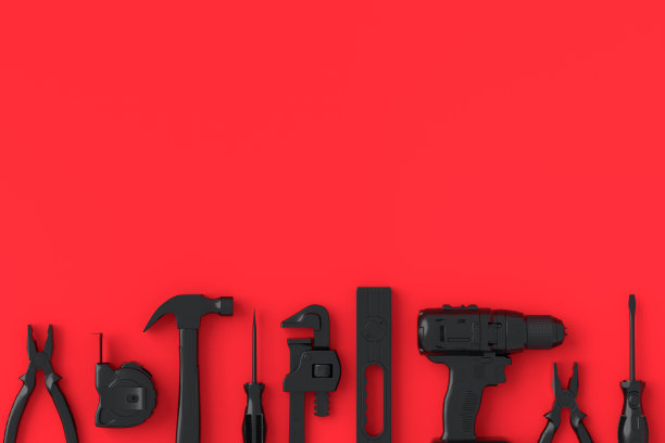 修理用单色施工工具的俯视图(红色和黑色)图片下载