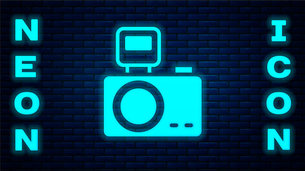 发光的霓虹灯相机与闪光灯图标图片下载