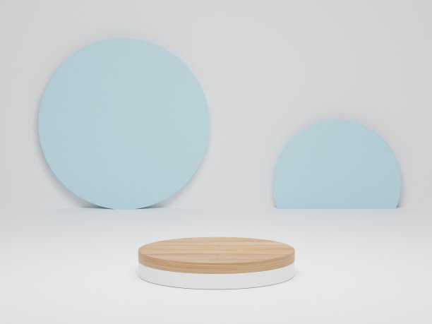 3 d渲染。白色裙台最小的场景与几何形式的背景。图片下载