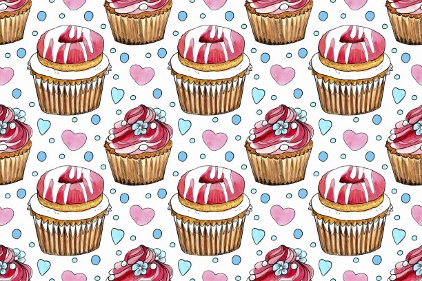 无缝模式，甜蜜的小蛋糕。水彩手绘插图。背景邀请，贺卡，模板。图片下载