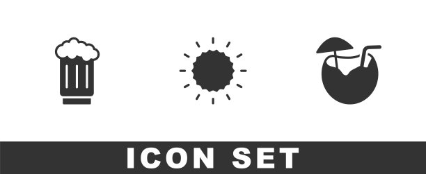 设置木制啤酒杯太阳和椰子鸡尾酒图标图片下载