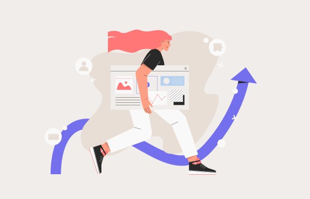 商业女性去设计和编程的旗帜，网站或社会媒体推广，seo专家工作的项目。平面样式的矢量插图。图片下载