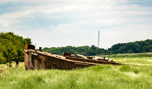一艘生锈的船在草原上失事了图片下载