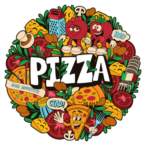 披萨店主题的圆形涂鸦图案图片下载