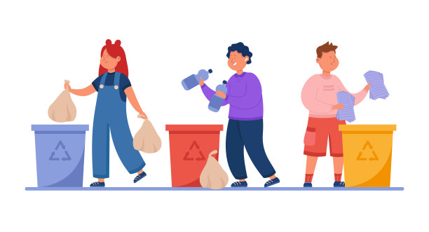 快乐的孩子们在垃圾桶里扔垃圾图片下载