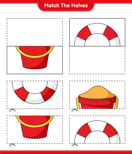 匹配的部分。将沙桶和救生圈的一半配对。教育儿童游戏，可打印的工作表，矢量插图图片下载
