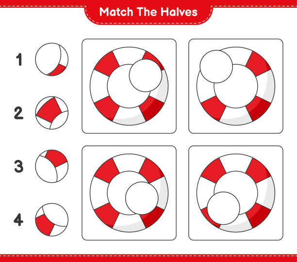 匹配的部分。将救生圈分成两半。教育儿童游戏，可打印的工作表，矢量插图图片下载