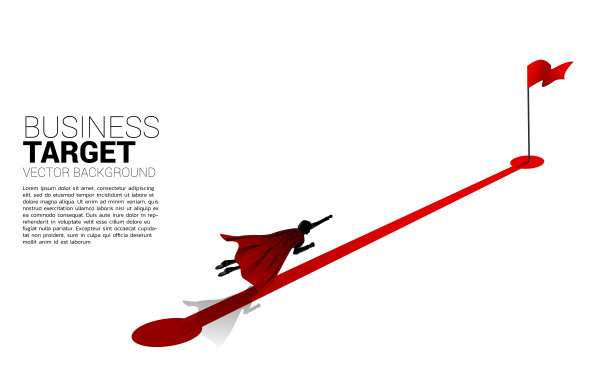 商人的剪影在航线上飞向目标的红旗。图片下载