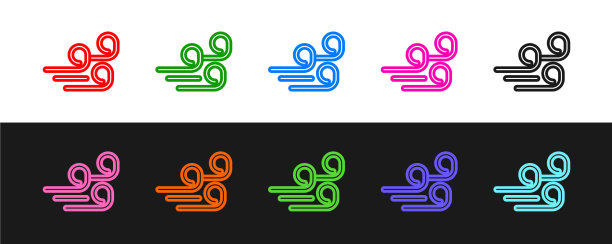 设置线大风天气图标孤立在黑色和图片下载