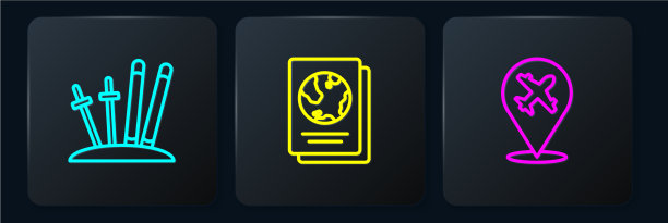 设置线滑雪板和棍棒飞机和护照黑色图片下载