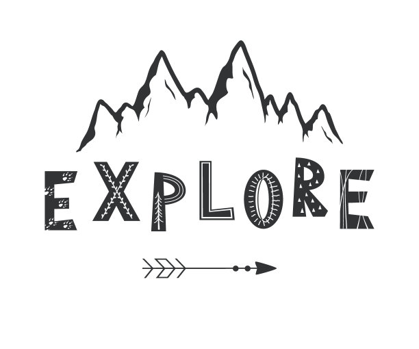 手绘山脉草图与探索字母在斯堪的纳维亚风格的矢量插图图片下载