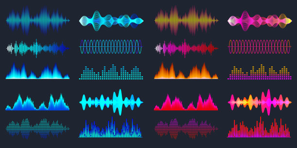 收集蓝色和红色的彩色声波。模拟和数字音频信号。音乐均衡器。干扰录音。高频无线电波。矢量图图片下载