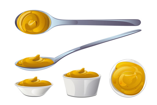 芥末。第戎蜂蜜酱奶油。卡通风格的食品品牌向量设计。图片下载