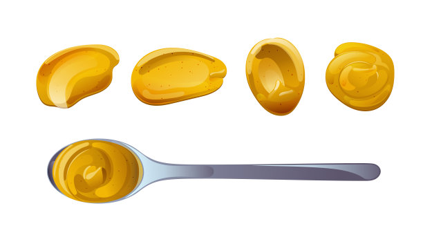 芥末在勺子里。第戎蜂蜜酱奶油。卡通风格的食品品牌向量设计。图片下载