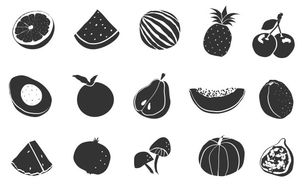 水果和蔬菜图标的黑白。矢量化。用于网络图标、游戏界面、纺织品图案、包装设计、应用程序、虚拟形象、表情符号、符号、模板……15个对象集。图片下载