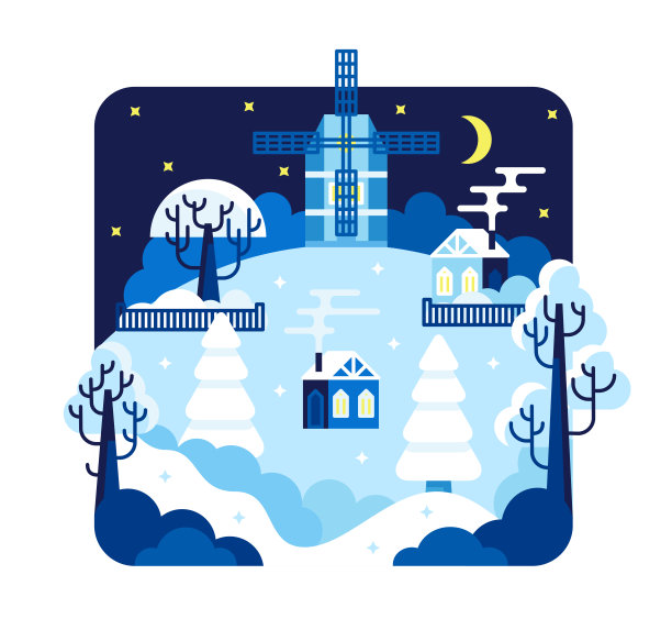 山上的风车，小房子，被雪覆盖的树，一弯新月和夜空中的星星。矢量平面插图图片下载