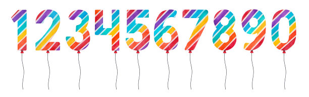 彩虹数字气球(1,2,3,4,5,6,7,8,9,0)与彩色条纹装饰。图片下载