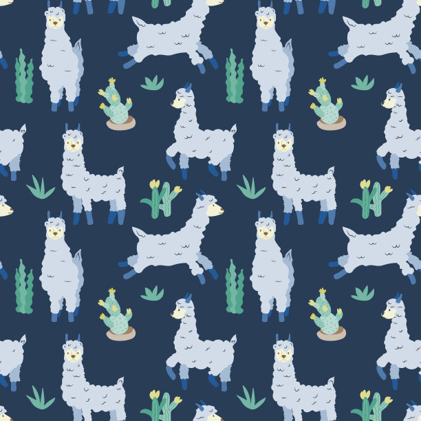 在黑暗背景上的无缝模式。蓝色的美洲驼和植物。动物。不同姿势的喇嘛。平面样式的向量。适合儿童插画。图片下载