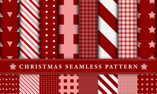 套圣诞节无缝模式。几何图形，星星，格子，圆点。白色和红色的颜色主题。收集时尚的图案包装，织物，墙纸，印刷，纺织。矢量插图。图片下载