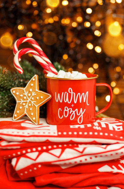 热咖啡或可可加拐杖糖和棉花糖。装饰图片下载