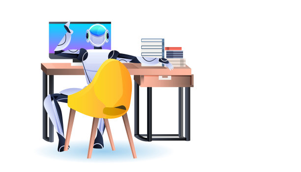 机器人坐在工作场所机器人商人图片下载